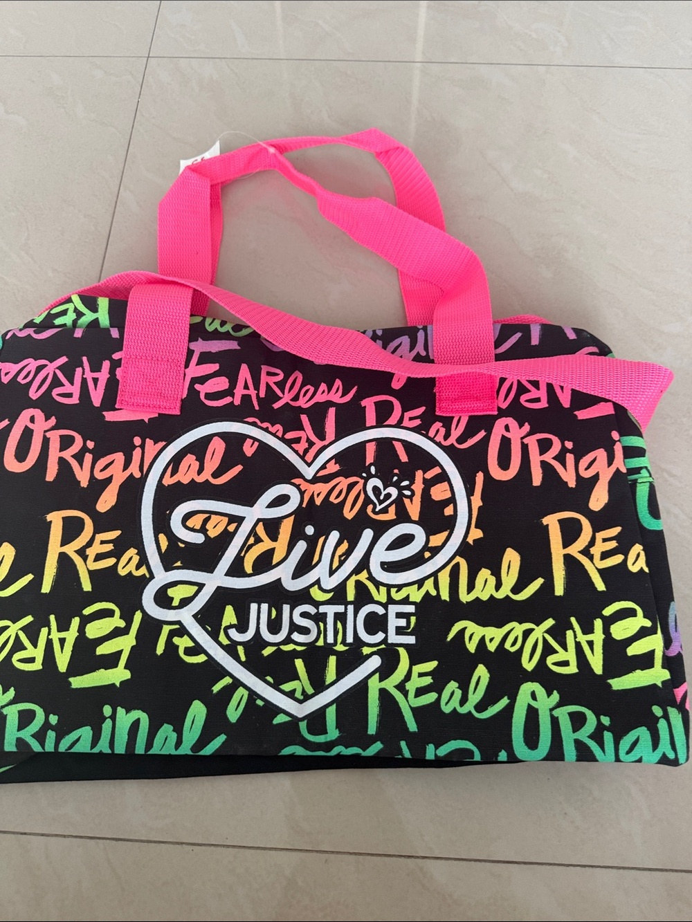 ****Justice Neon Rainbow 'Live' Heart Tote with Pink Handles
